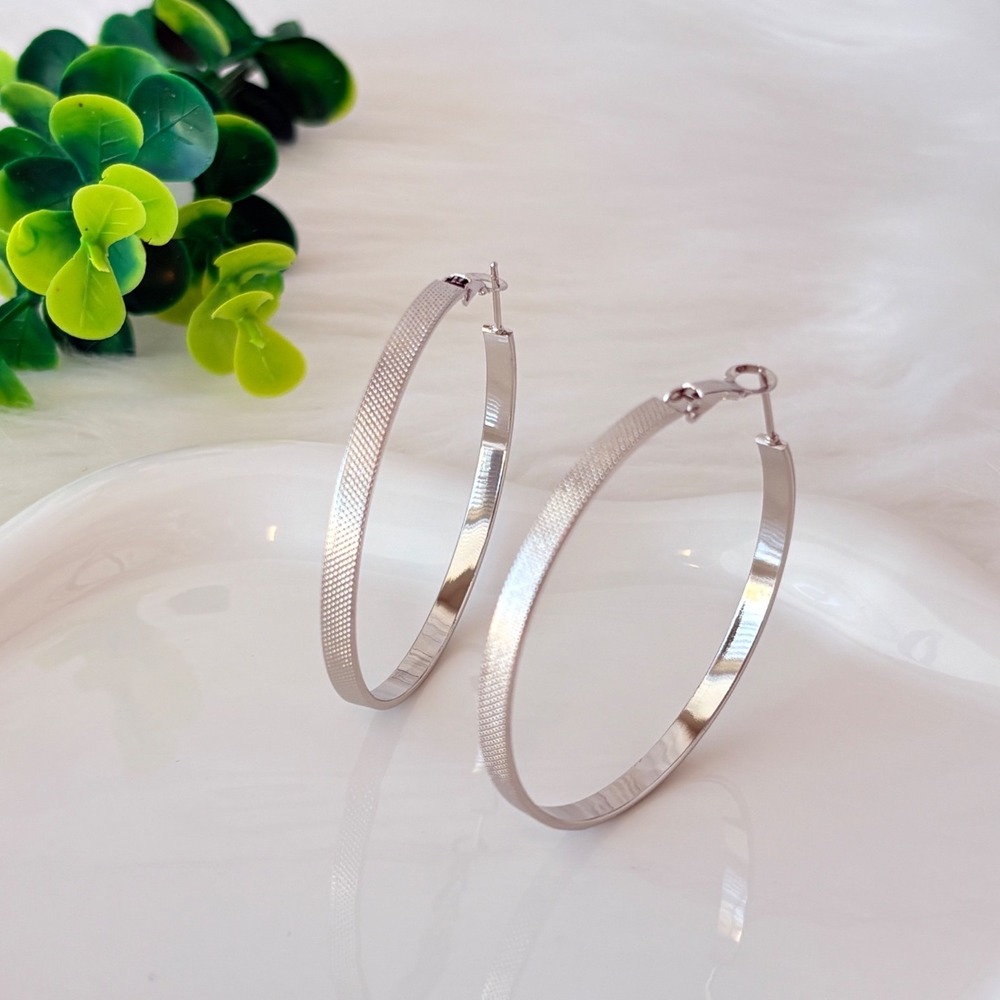 Stainless Steel Silver‎ Textured Hoop Earrings